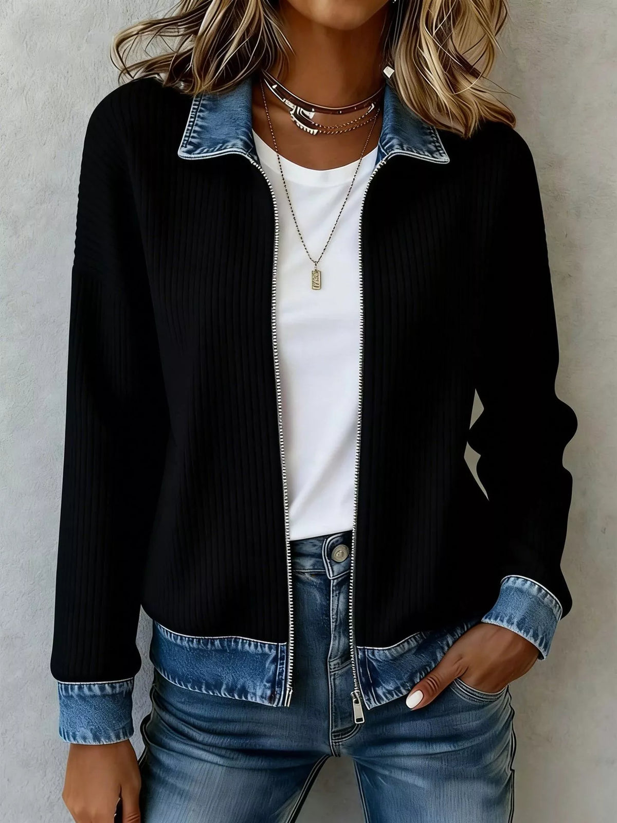 contrast denim collar ribbed knit jacket – zipper | dropsona - neutral - close-up detail
