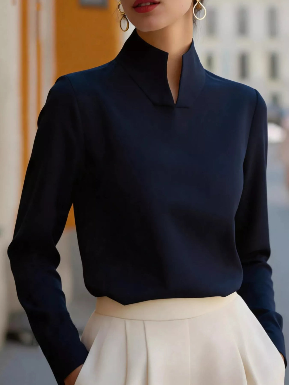 stand-collar long sleeve blouse – basic style fit | dropsona - neutral - material texture