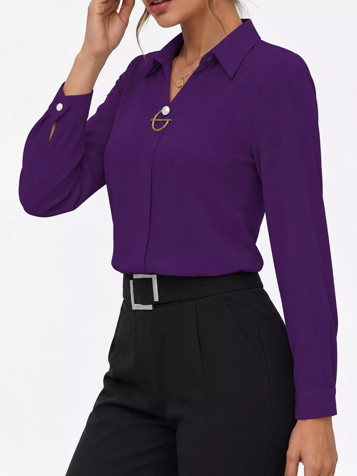 long sleeve satin blouse | dropsona - neutral - close-up detail