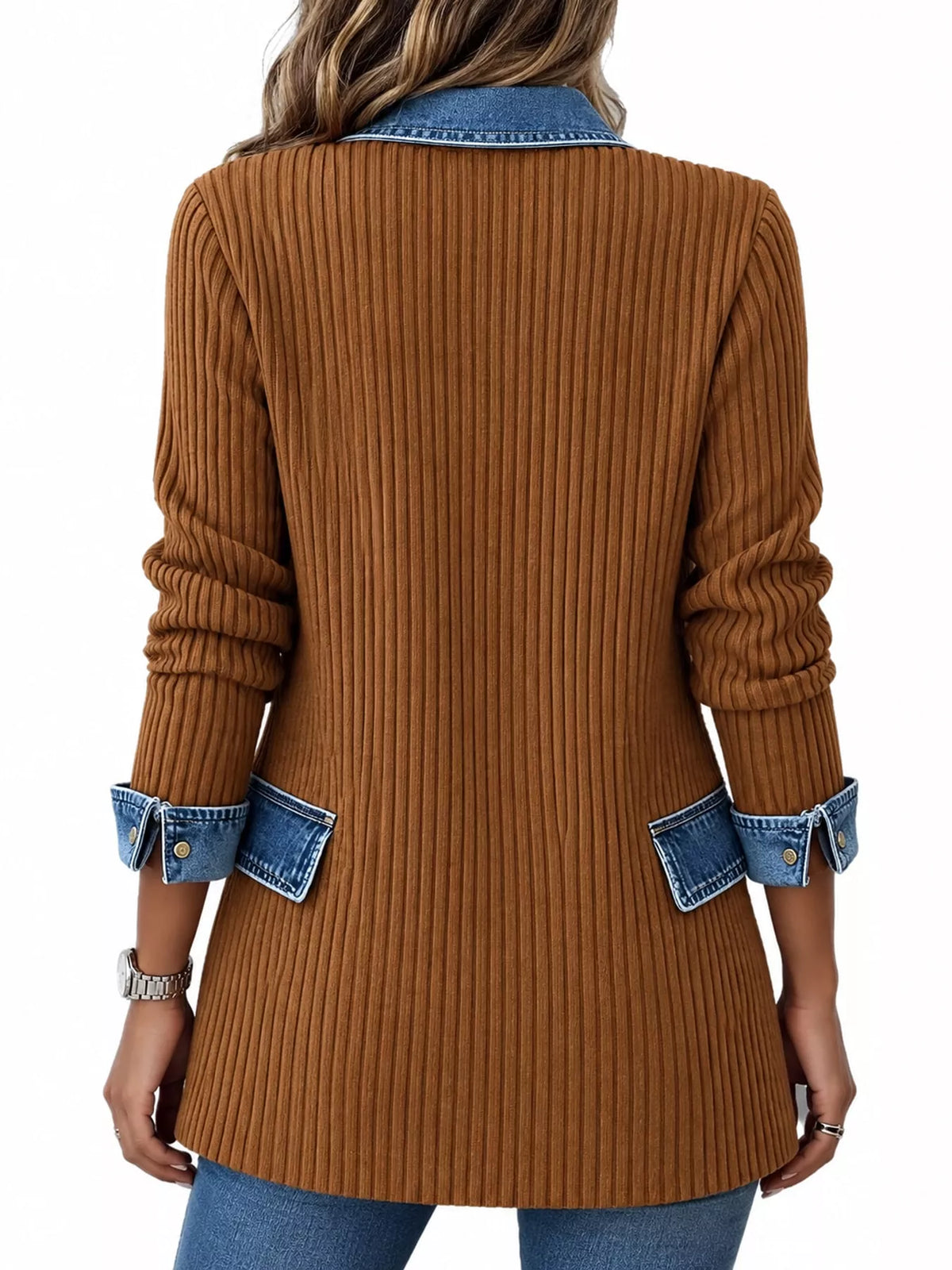 full size denim trim ribbed knit cardigan plus | dropsona - neutral - material texture