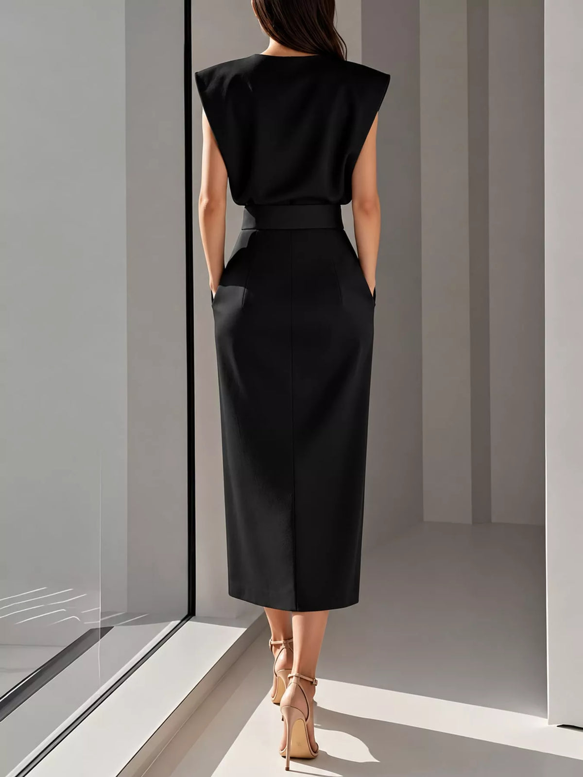 sleeveless midi dress with gold button detail and | dropsona - neutral - close-up detail