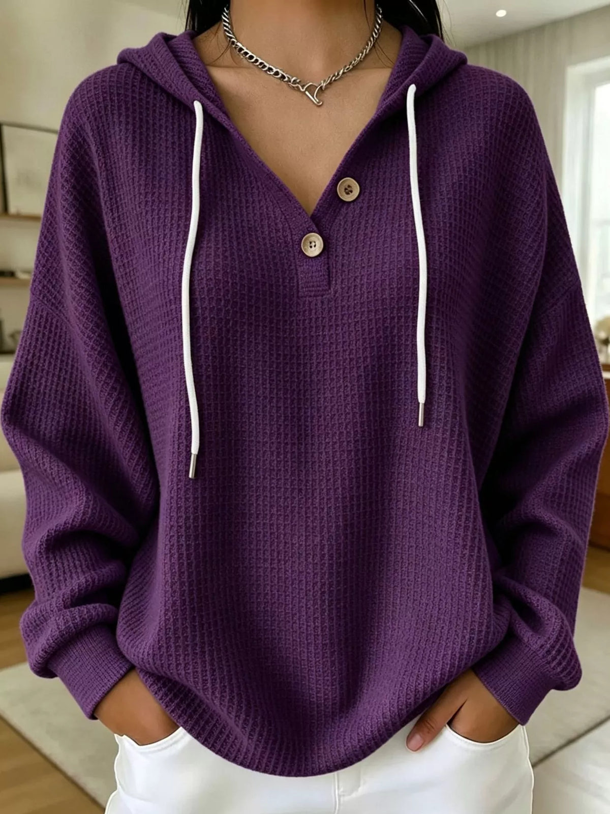 full size waffle knit button detail hoodie plus | dropsona - neutral - material texture