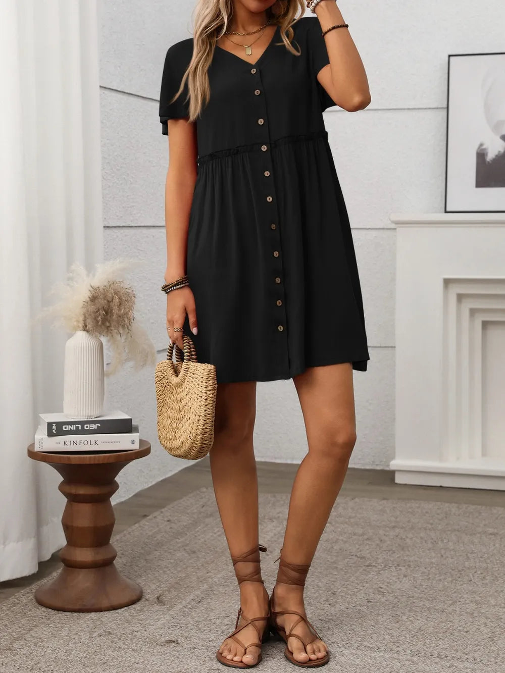 button front flutter sleeve dress - material texture