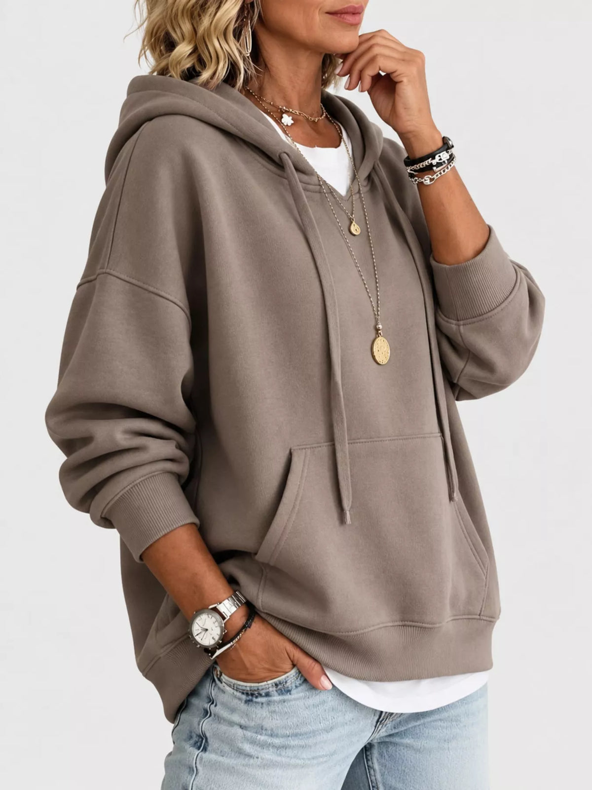 drawstring dropped shoulder hoodie | dropsona - neutral - front view