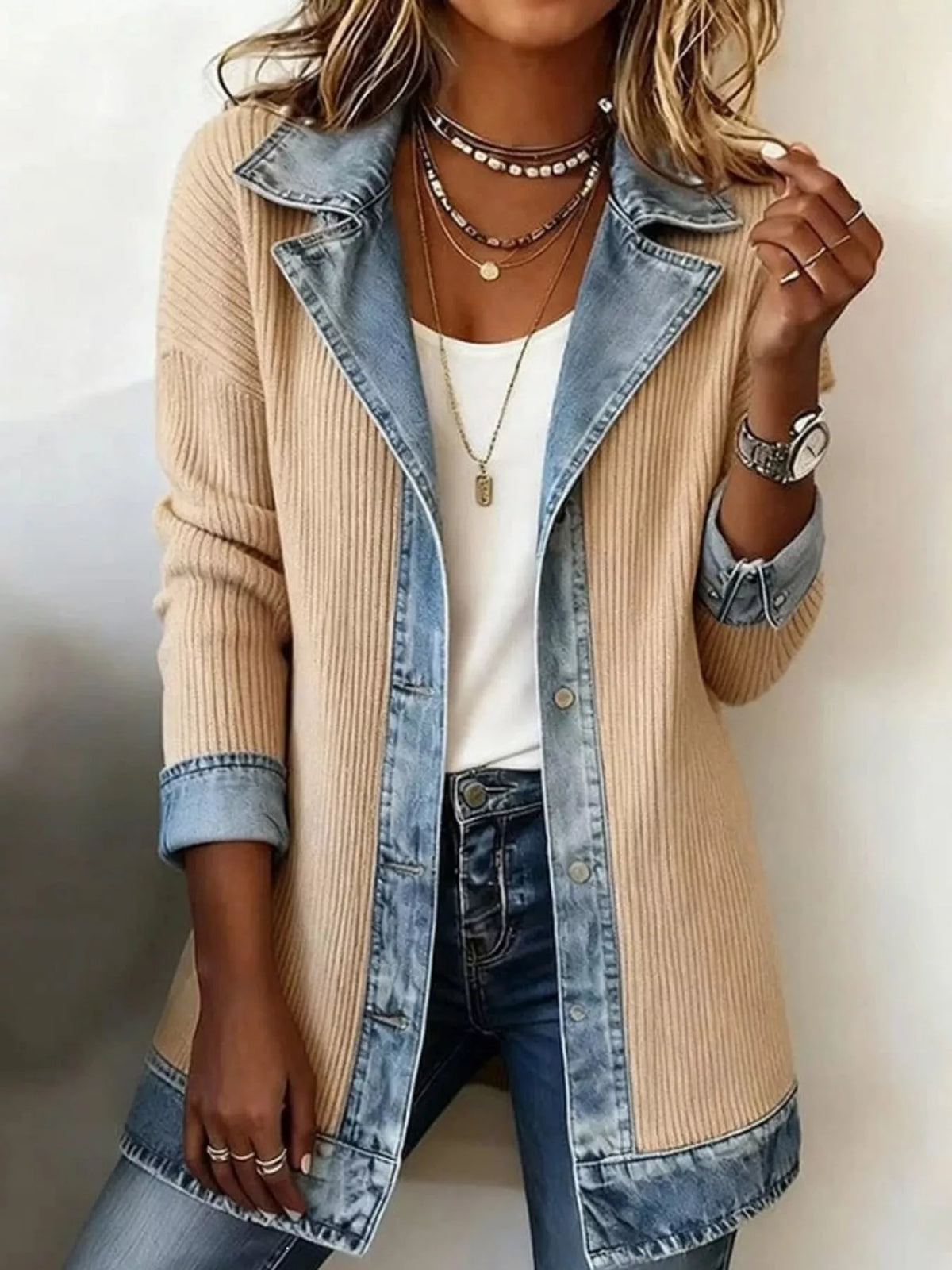 full size denim trim ribbed knit cardigan plus | dropsona - neutral - front view