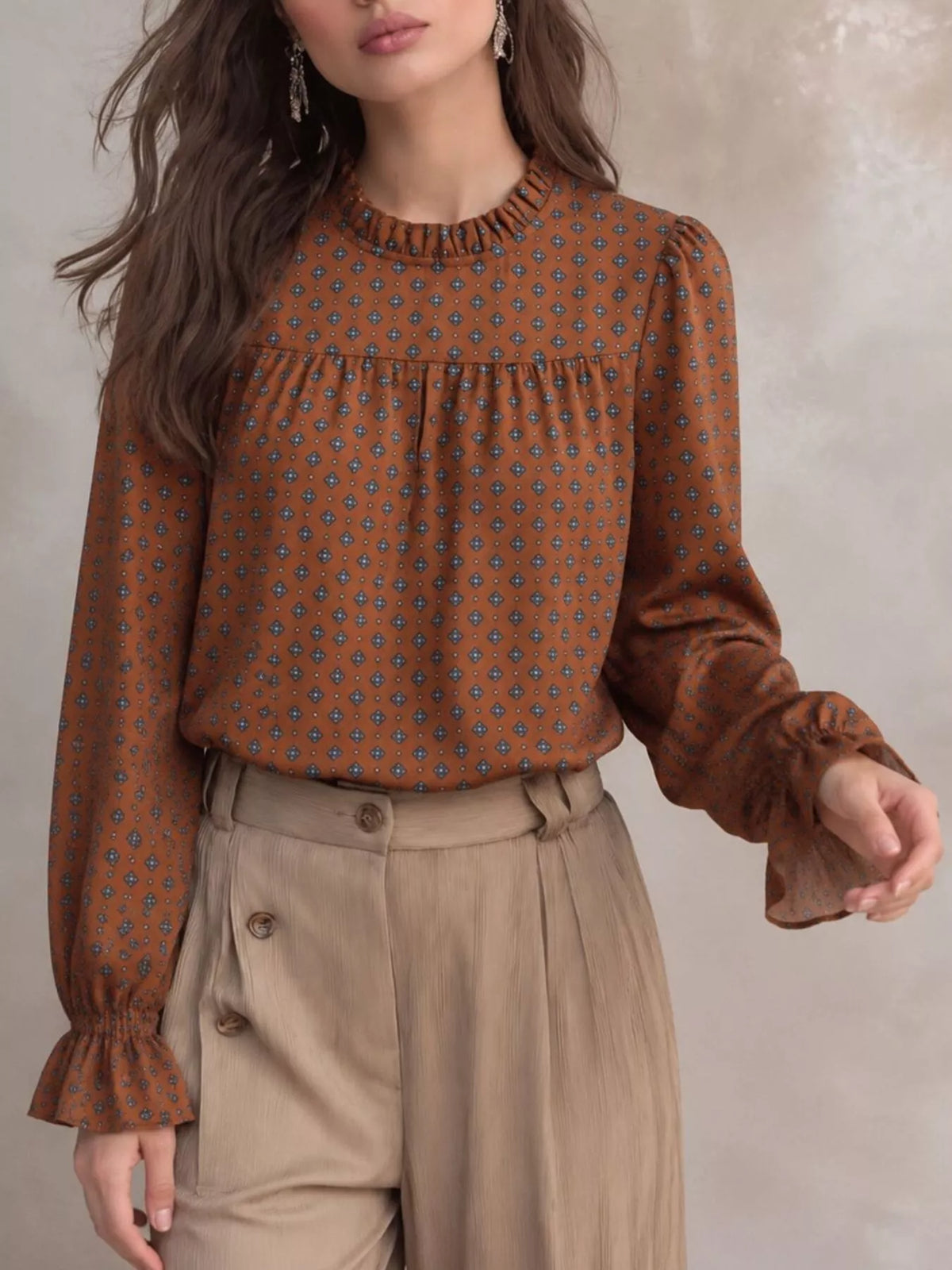 geometric print mock neck puff sleeves blouse | dropsona - neutral - front view