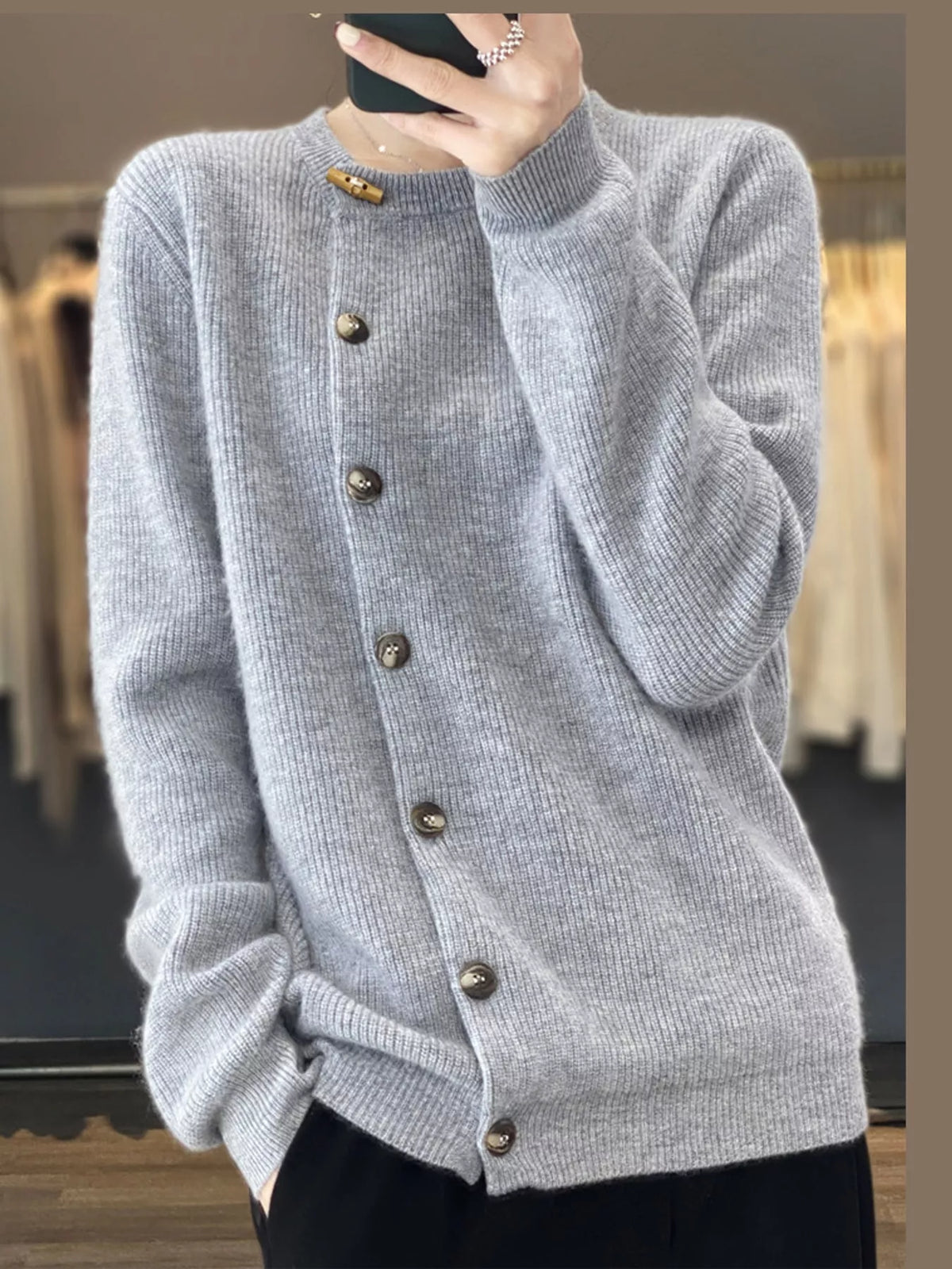 ribbed knit asymmetrical button cardigan | dropsona - neutral - material texture