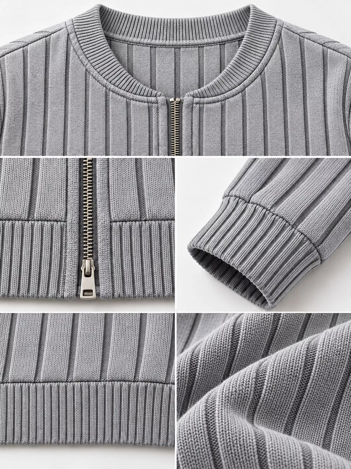 ribbed knit zip-up bomber jacket – zipper,ribbed fit | dropsona - neutral - close-up detail
