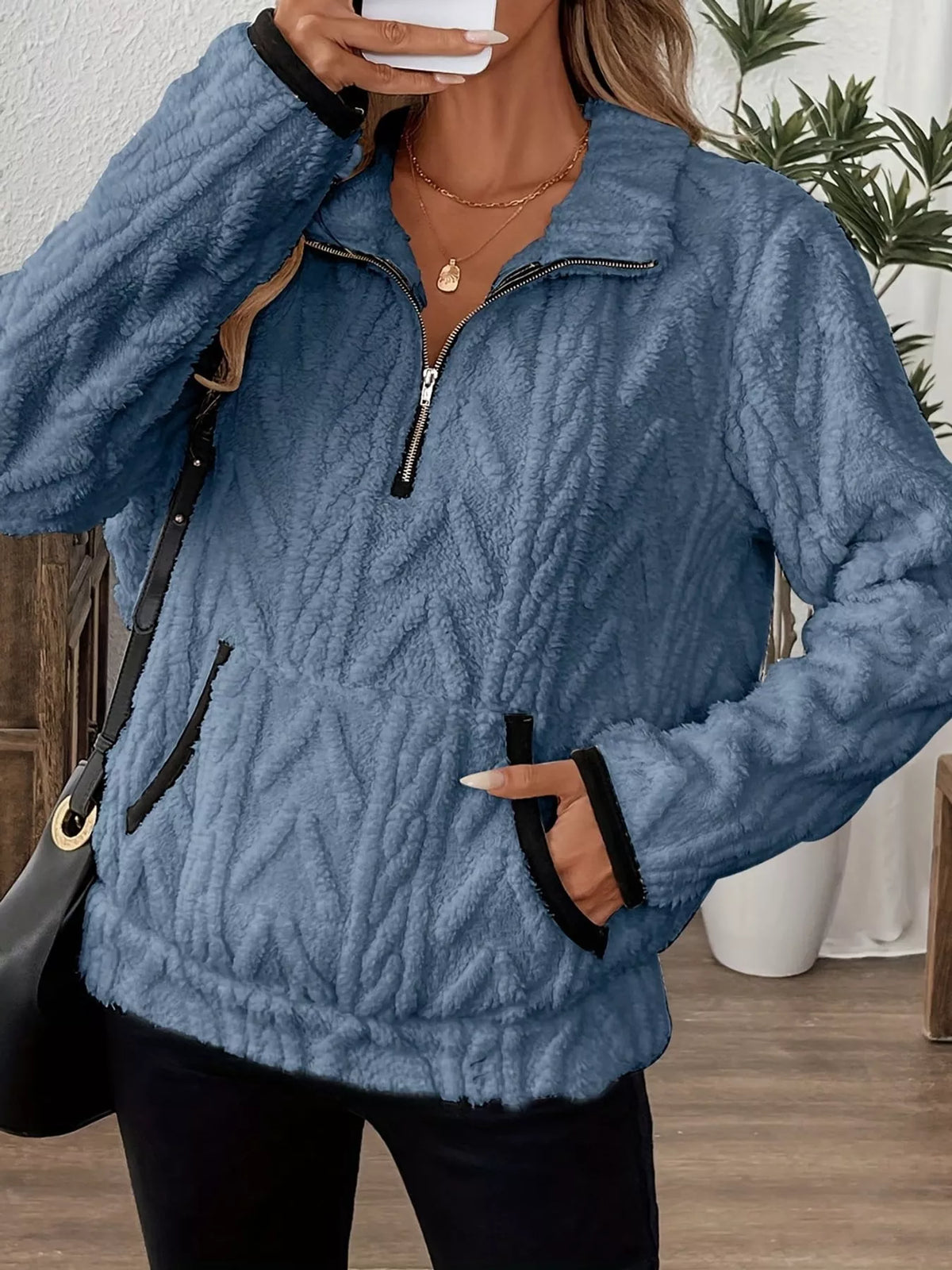 full size quarter-zip sherpa sweatshirt plus | dropsona - neutral - front view