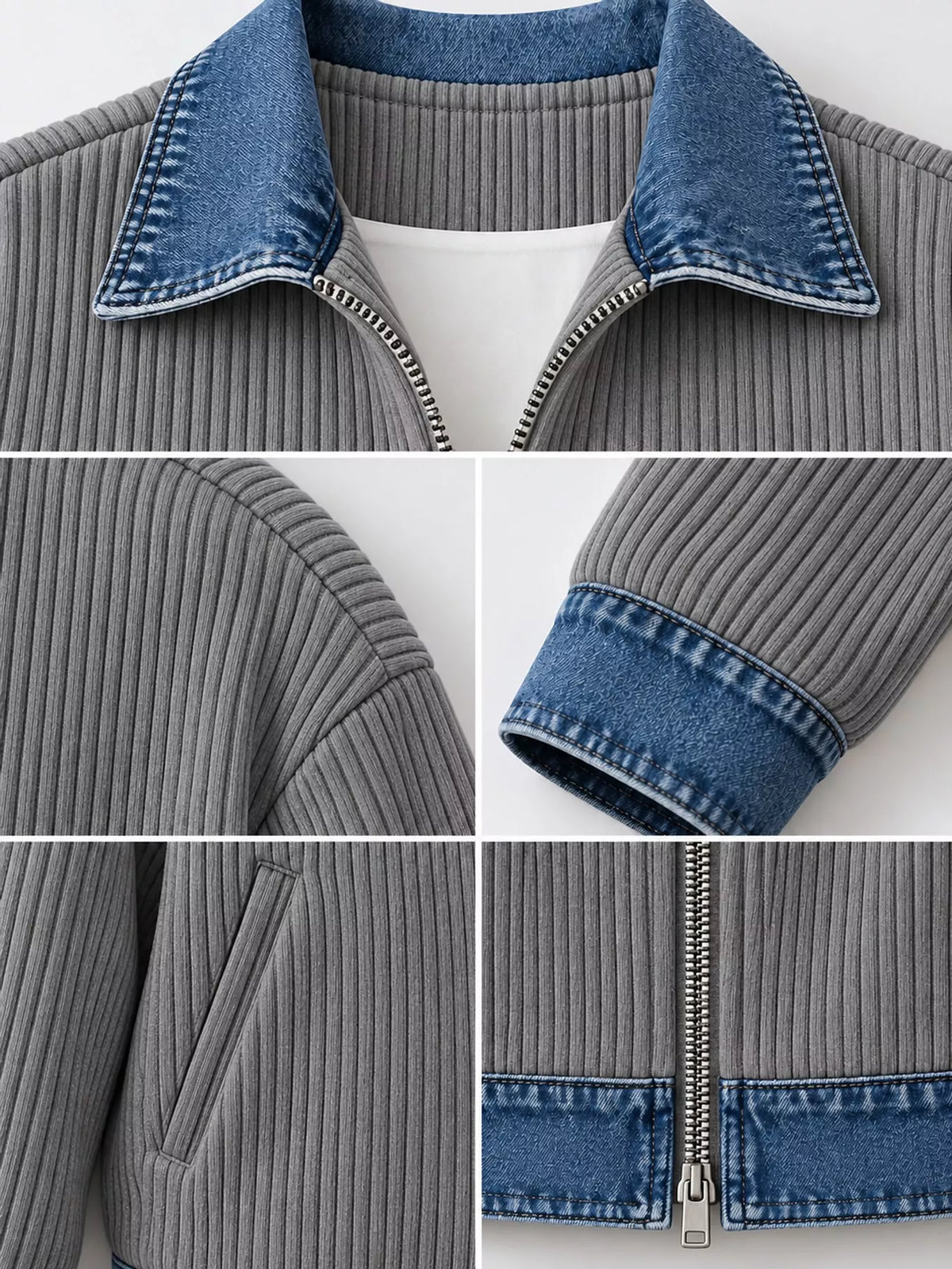full size denim-collar ribbed knit zip-up jacket plus | dropsona - neutral - close-up detail