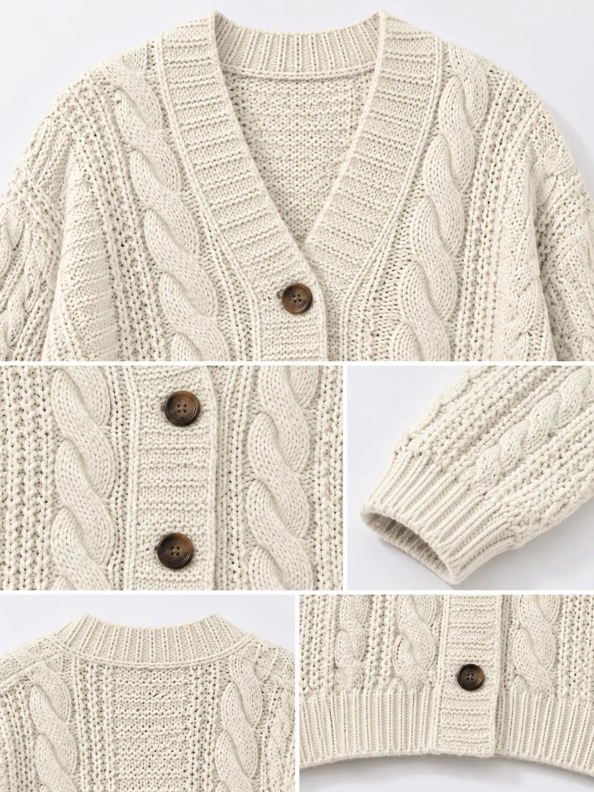 cable knit button-down cardigan | dropsona - neutral - close-up detail