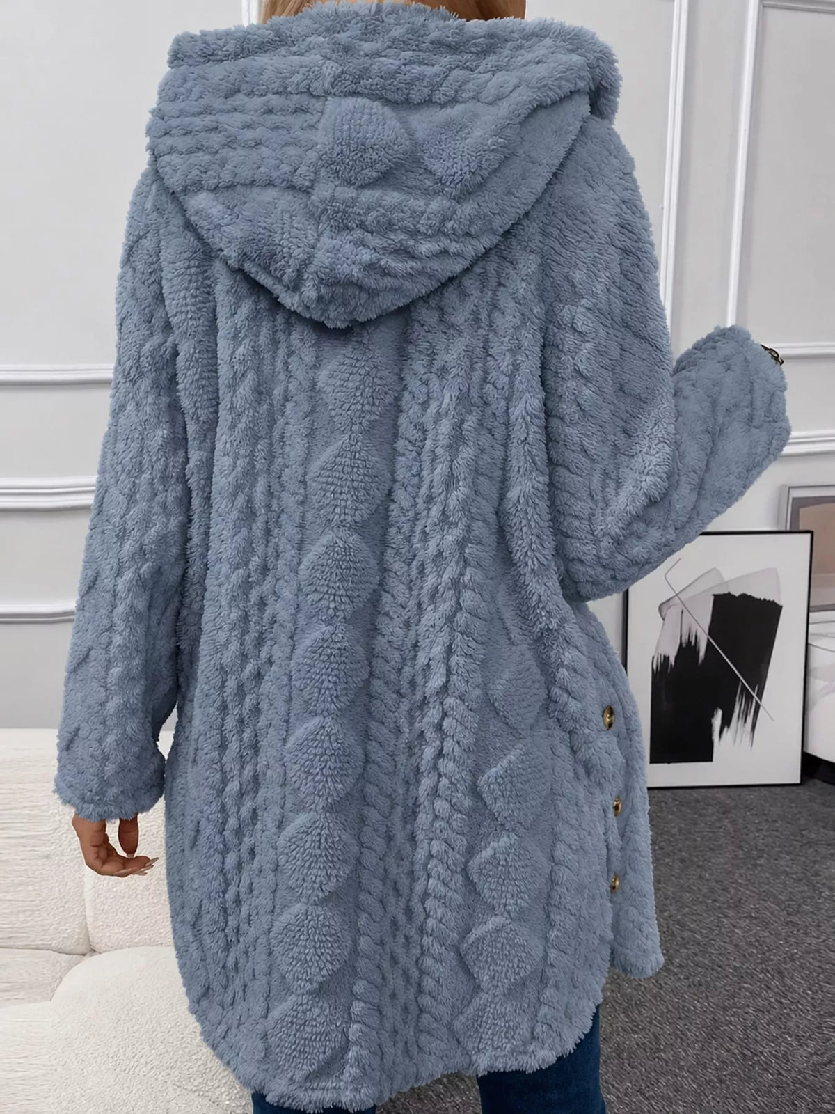 full size cozy cable-knit faux fur hooded outerwear | dropsona - neutral - close-up detail