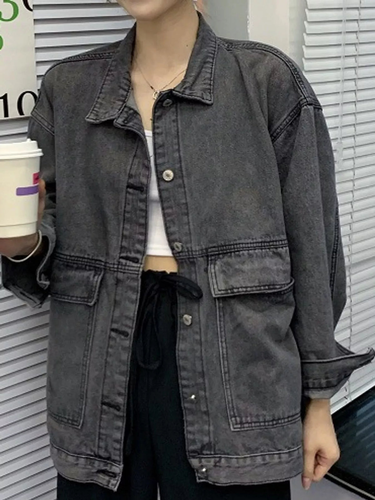 oversized wash denim jacket with utility pockets | dropsona - neutral - usage example
