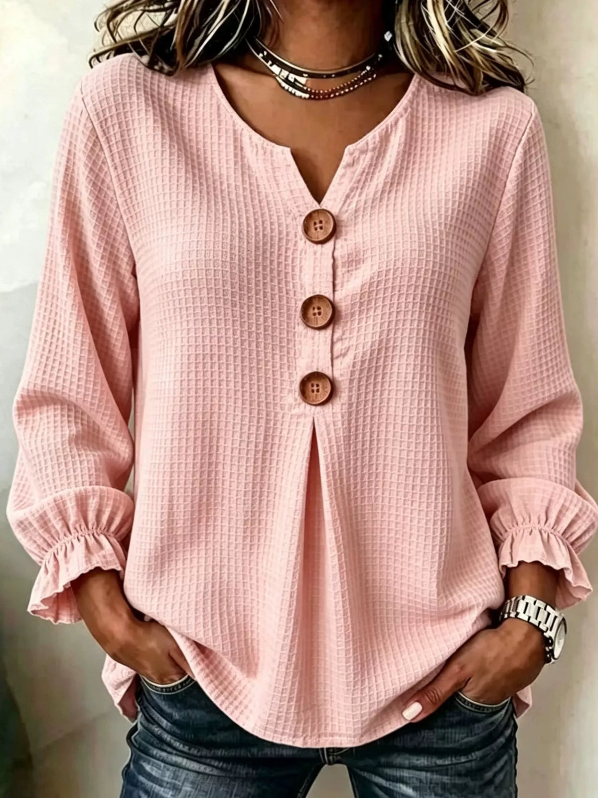 waffle knit long sleeve top | dropsona - neutral - material texture