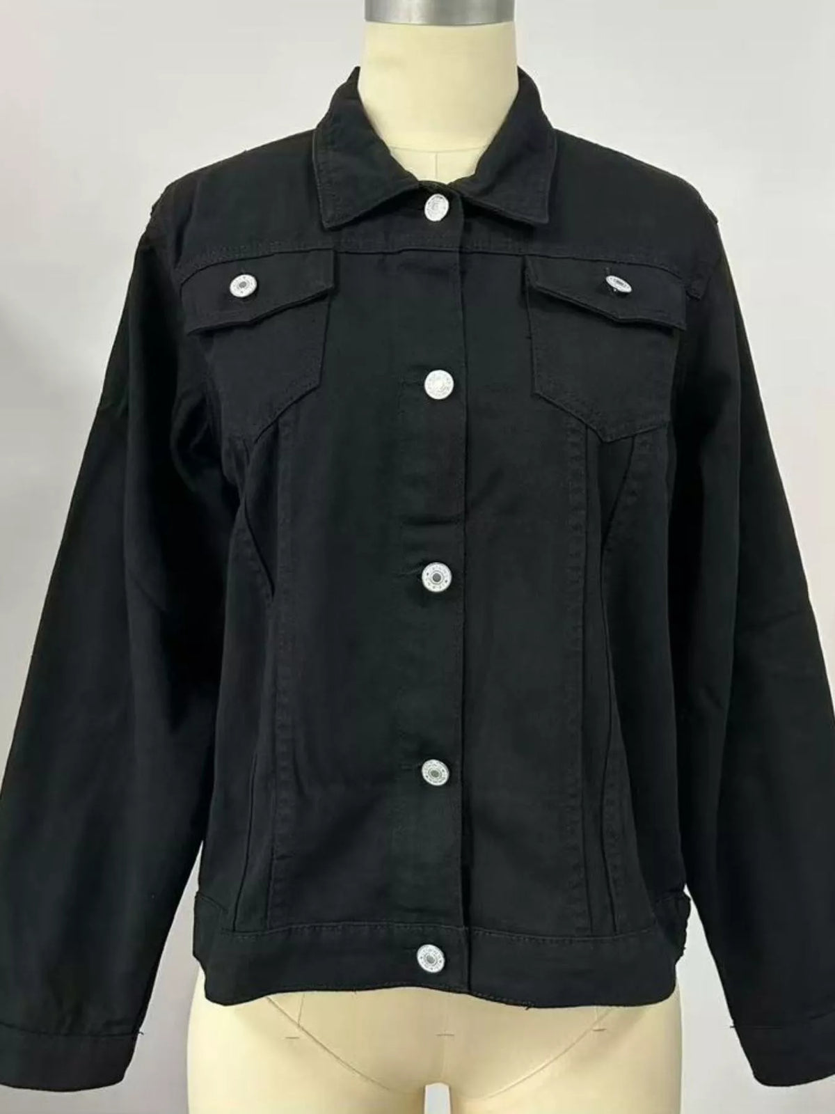 slim-fit button up denim jacket – buttoned,pocketed | dropsona - neutral - size reference