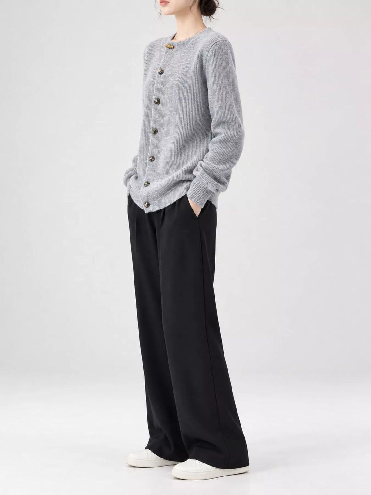 ribbed knit asymmetrical button cardigan | dropsona - neutral - front view