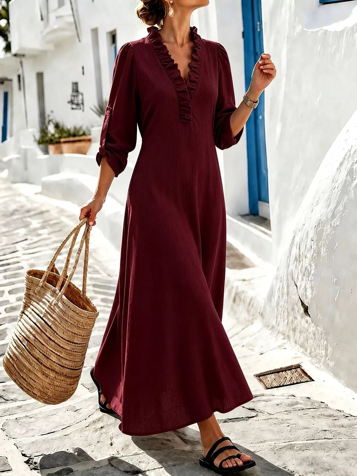 full size frill roll-up sleeve maxi dress plus | dropsona - neutral - front view