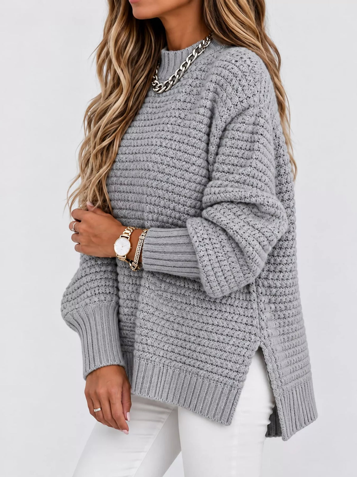 side slit textured knit sweater – ribbed,slit fit | dropsona - neutral - size reference