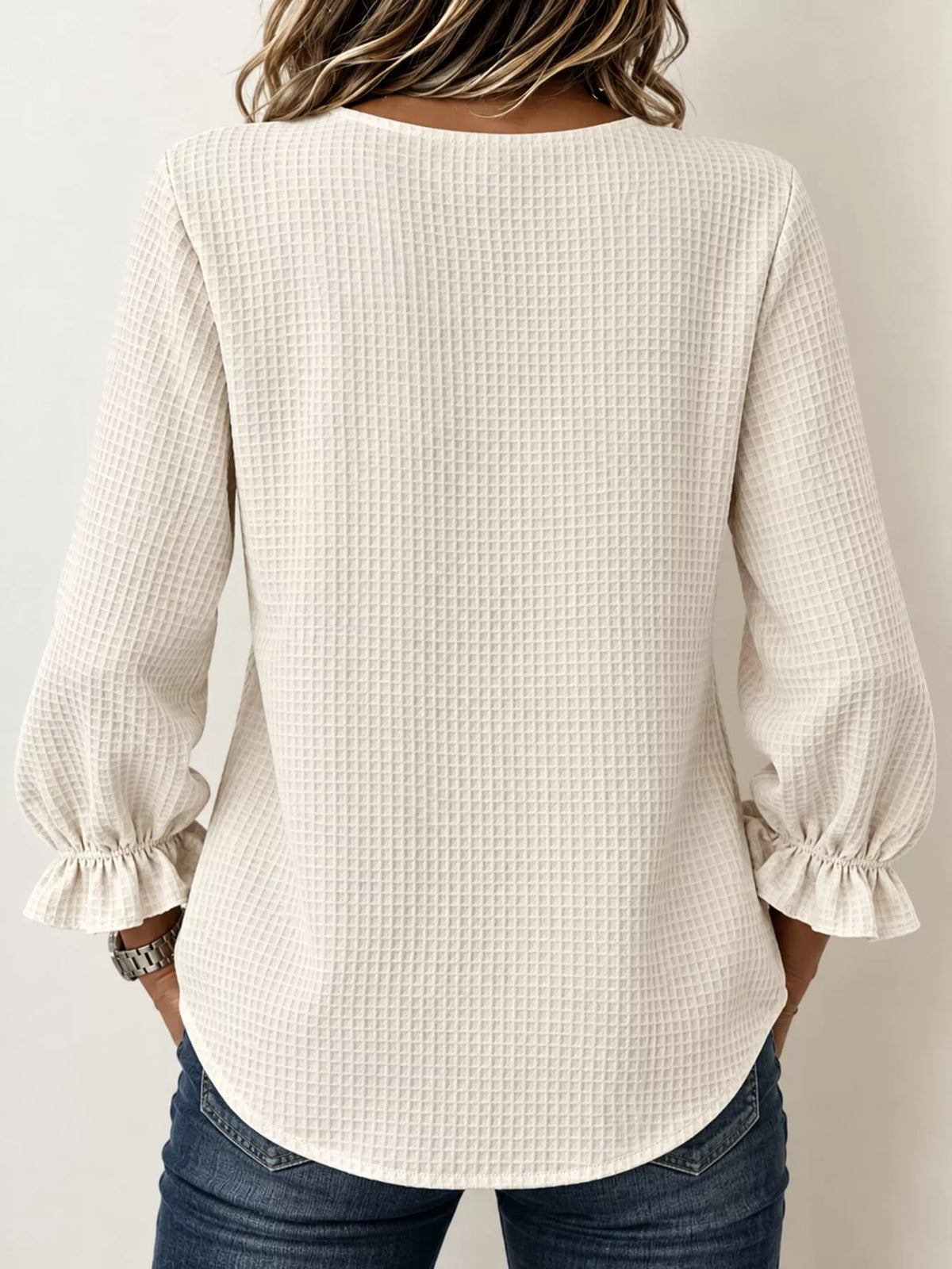 full size waffle knit flounce sleeve blouse plus | dropsona - neutral - close-up detail