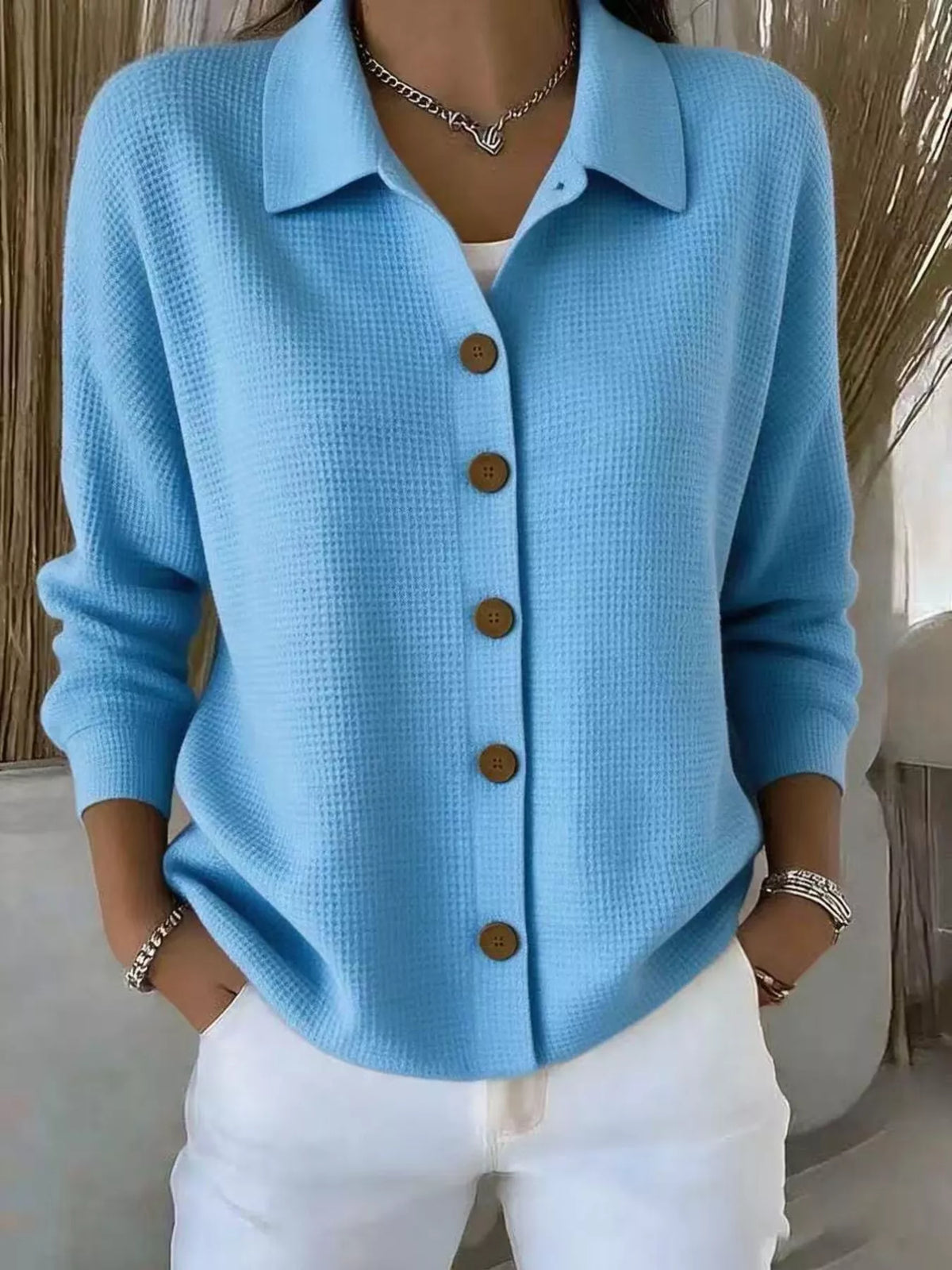 full size waffle knit button-down shirt plus | dropsona - neutral - size reference