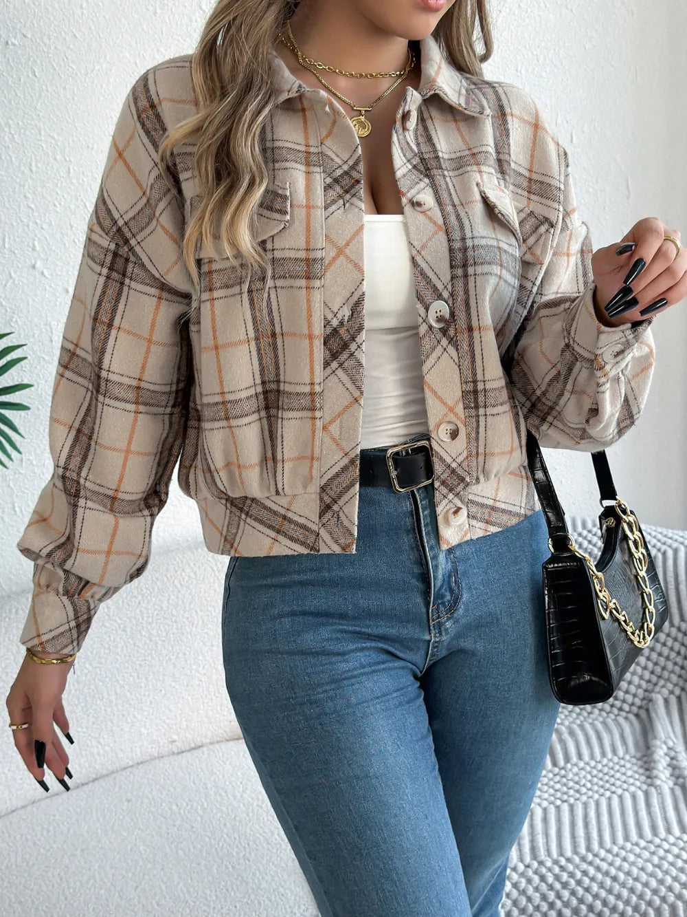 plaid button up long sleeve jacket – buttoned | dropsona - neutral - front view