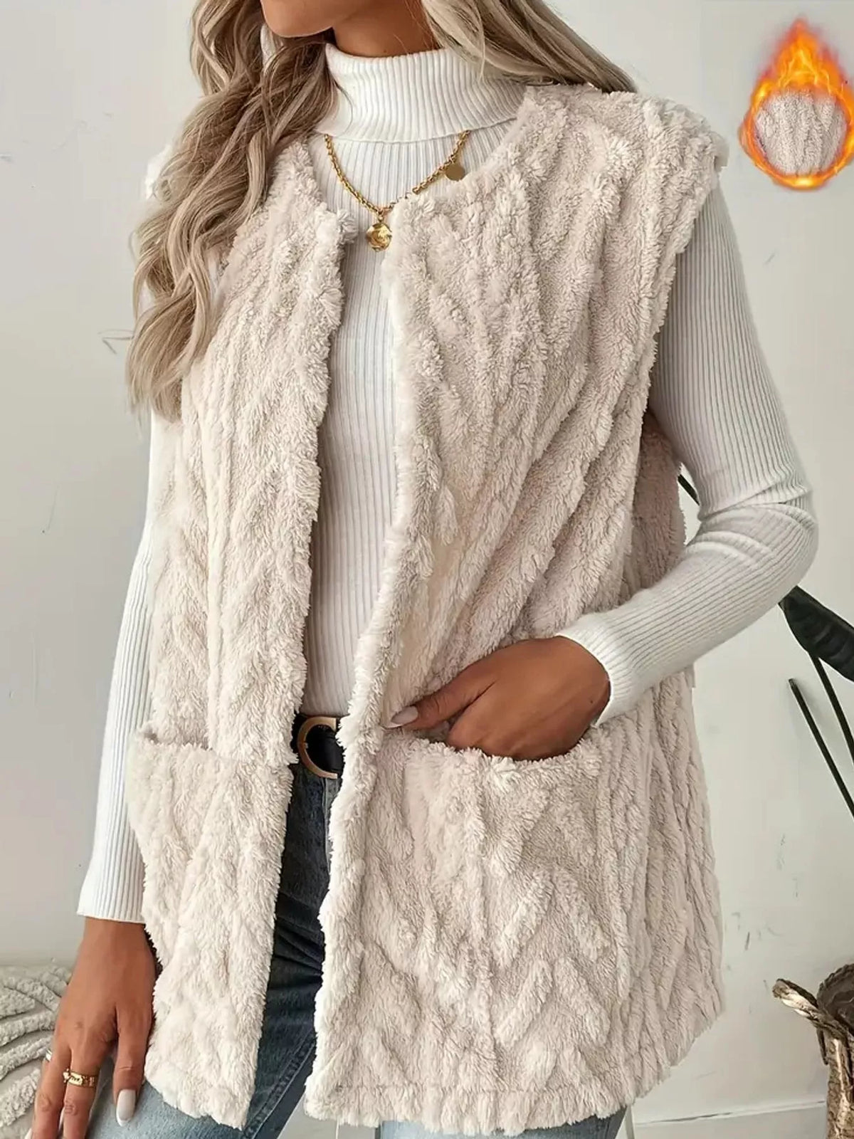 sherpa open front vest coat – pocketed,thermal closure | dropsona - neutral - packaging