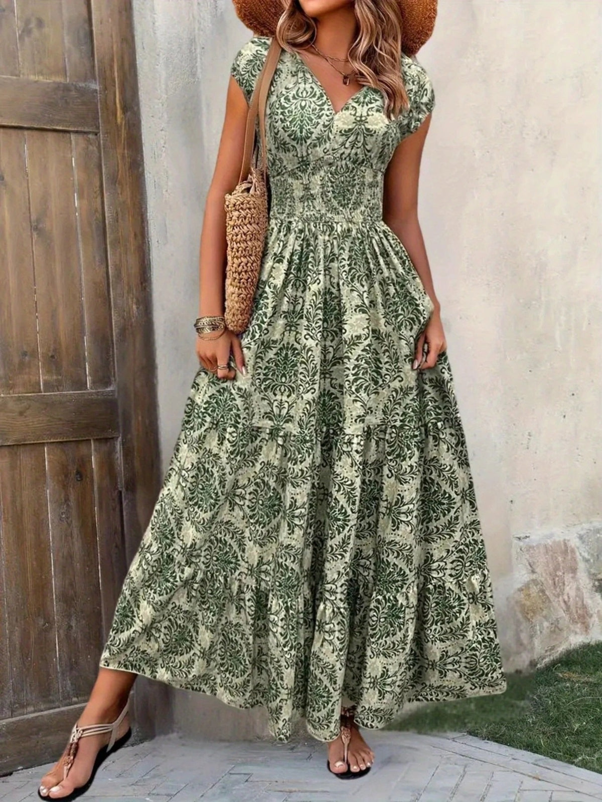 printed cap sleeve maxi dress – tiered,smocked | dropsona - neutral - front view