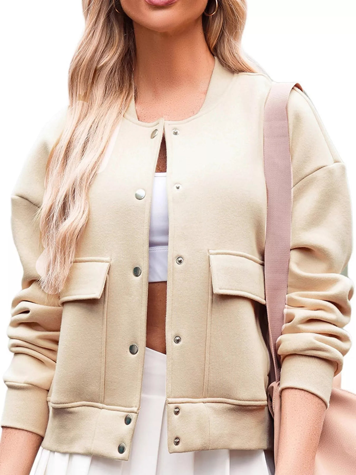 snap-button dropped shoulder jacket | dropsona - neutral - material texture
