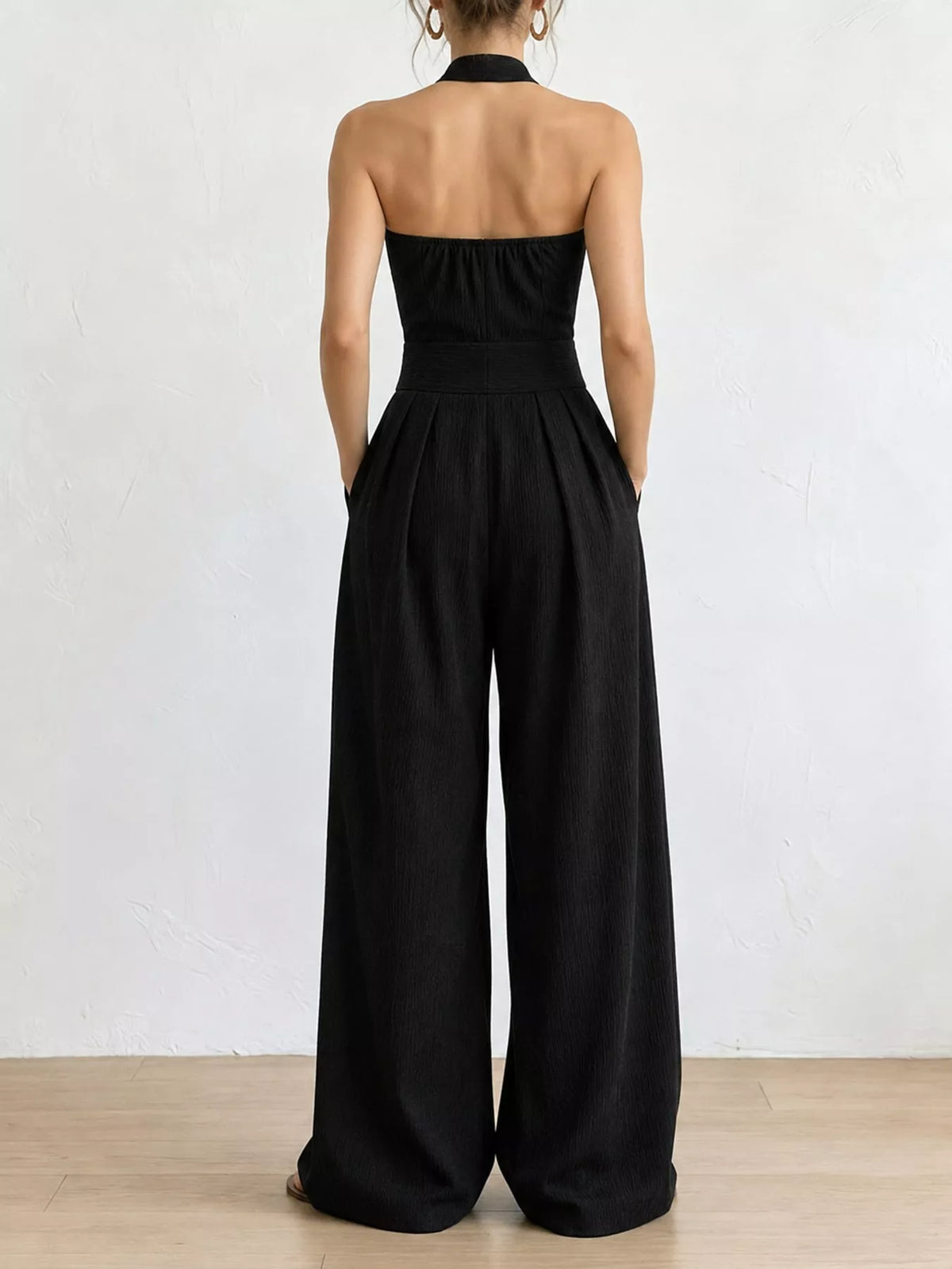 full size halter neck wide-leg jumpsuit plus | dropsona - neutral - close-up detail