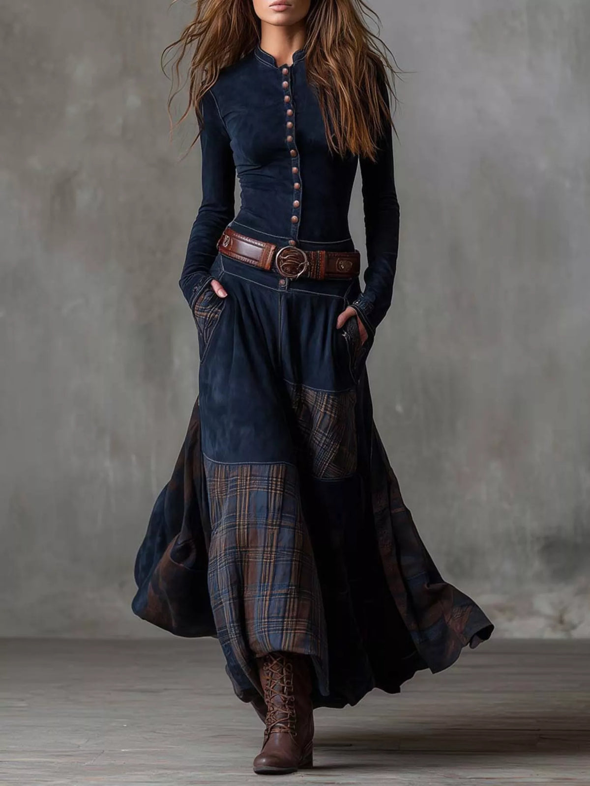 full size button front plaid patchwork maxi dress plus size - everyday wear