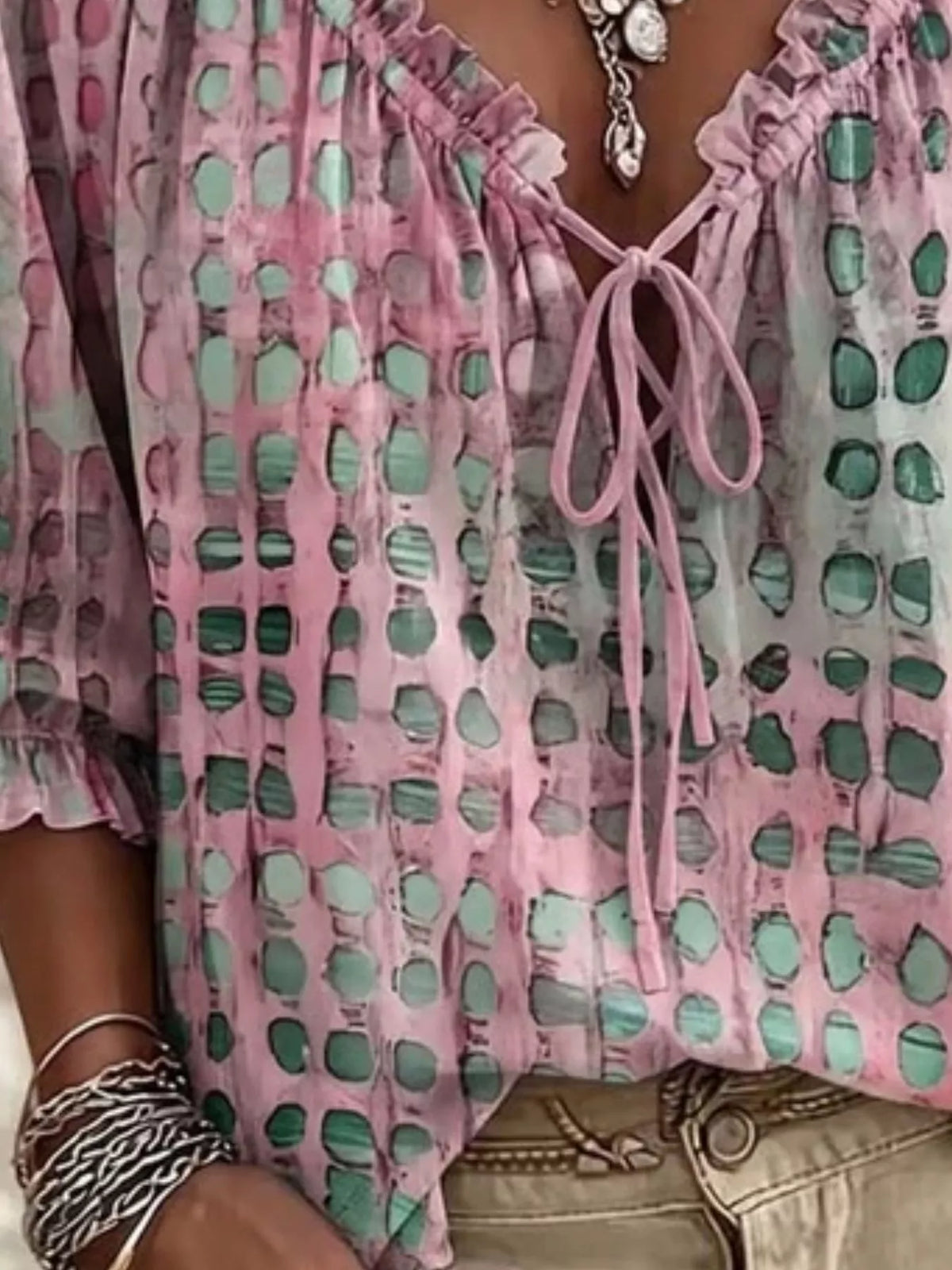 full size tie neck 3/4 sleeve blouse plus | dropsona - neutral - usage example