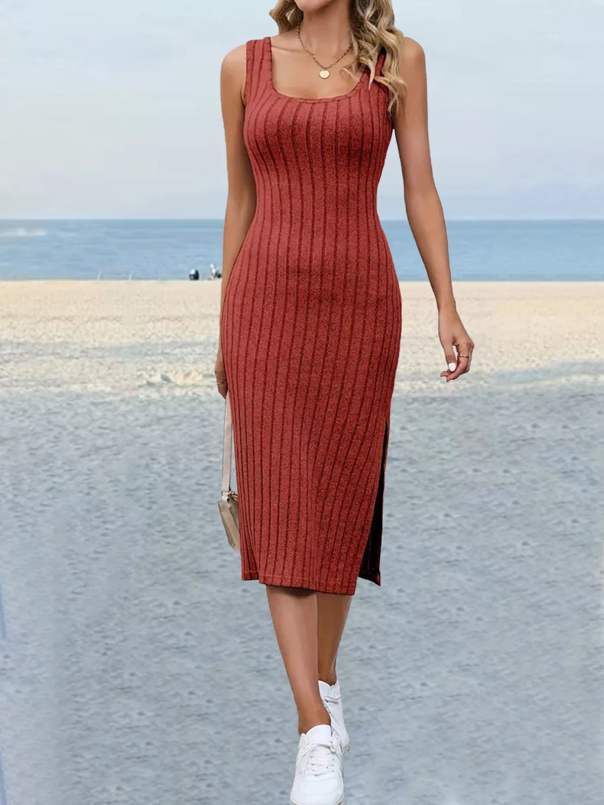 slit sleeveless scoop neck dress – ribbed | dropsona - neutral - everyday use