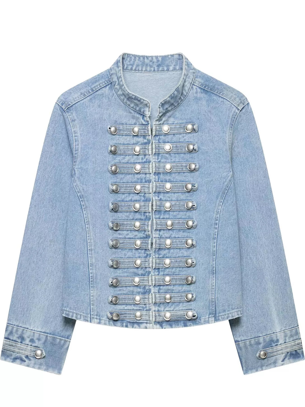 decorative button cropped denim jacket | dropsona - neutral - material texture