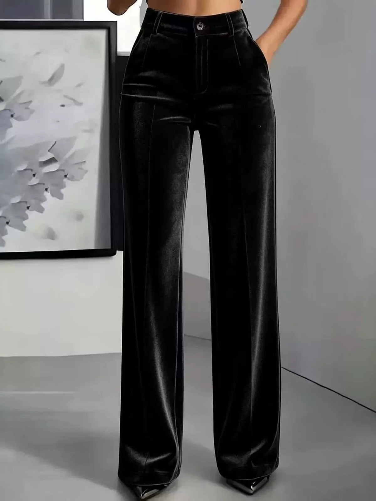 full size high-waisted velvet pants plus | dropsona - neutral - close-up detail