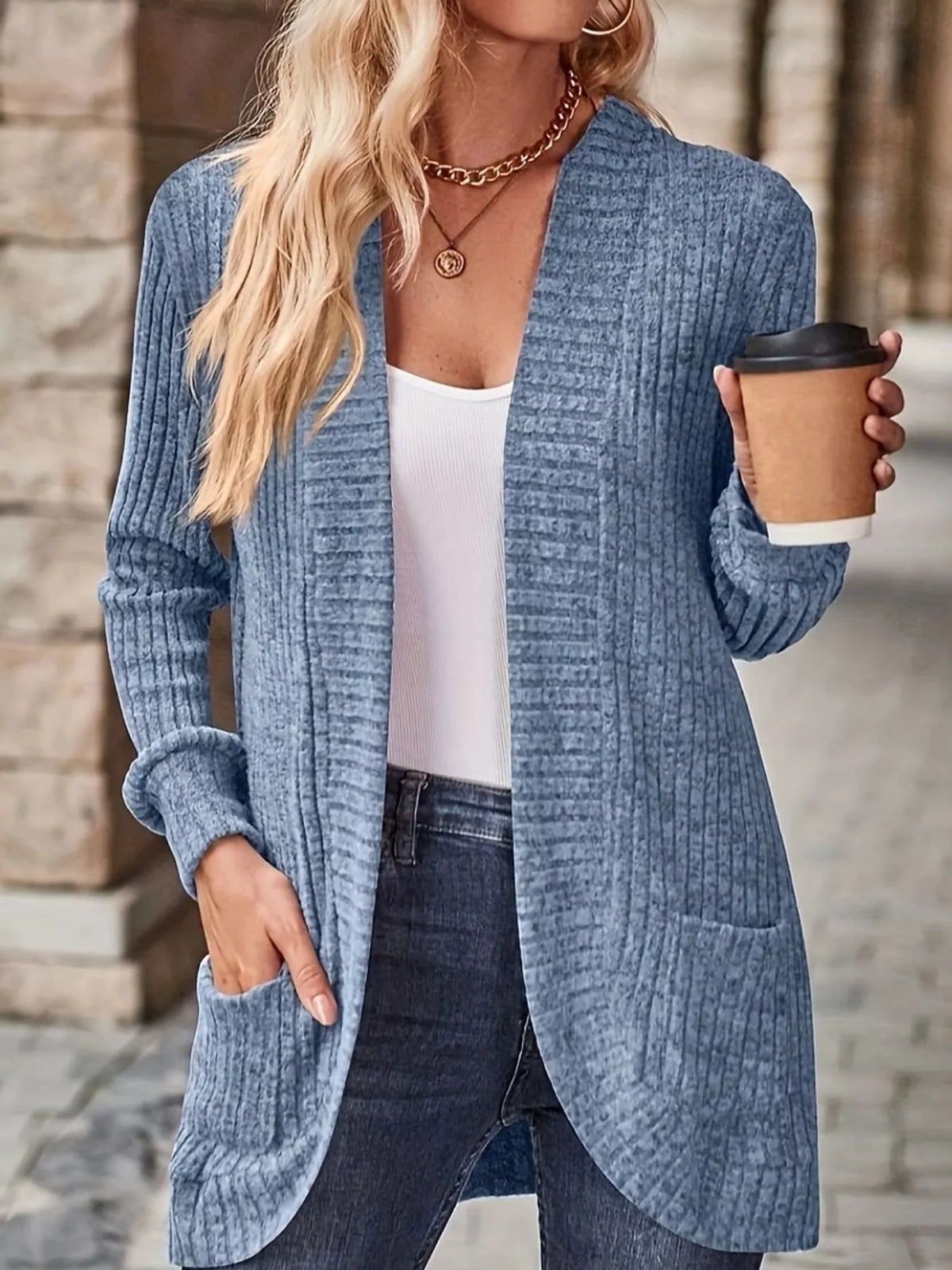 ribbed knit open front cardigan with pockets | dropsona - neutral - size reference