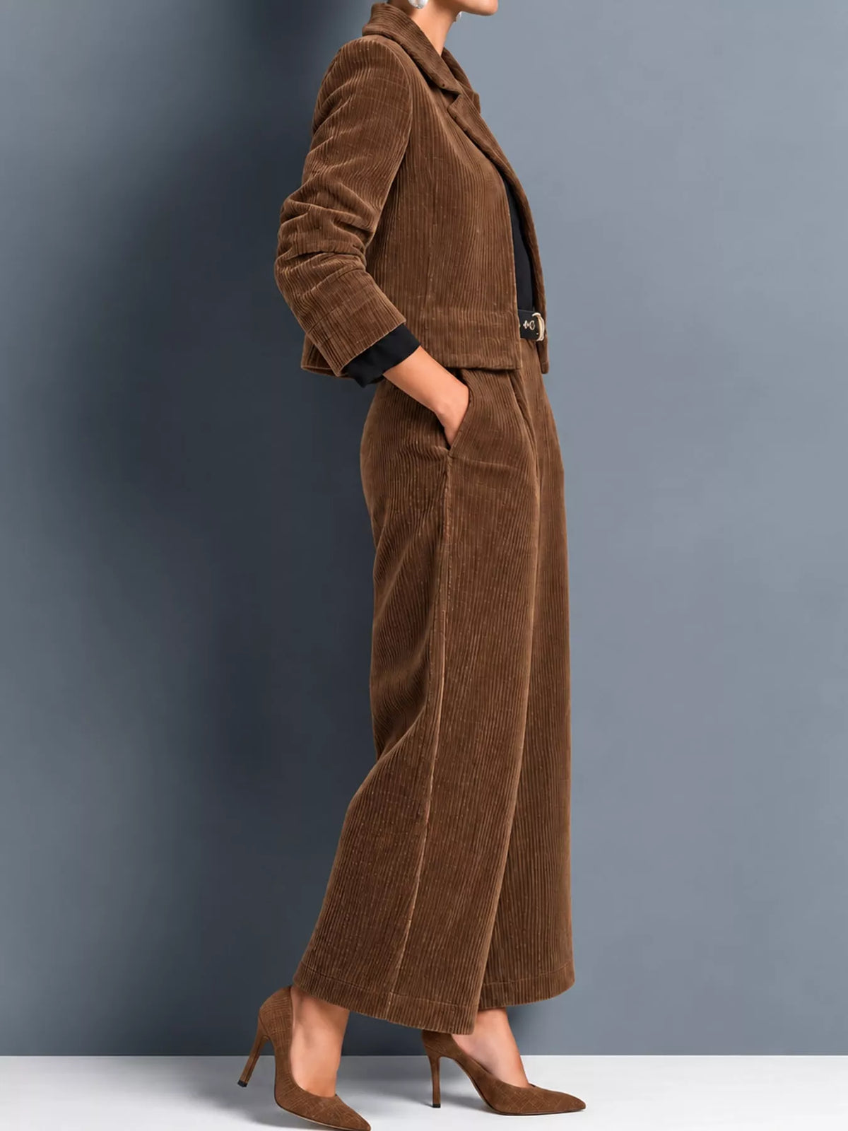 full size corduroy button up blazer and pants set | dropsona - neutral - front view