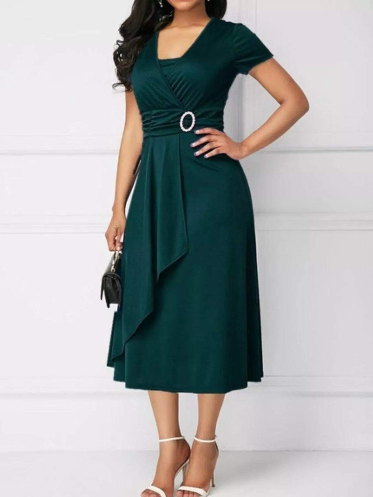 full size decorative buckle short sleeve dress plus | dropsona - neutral - packaging