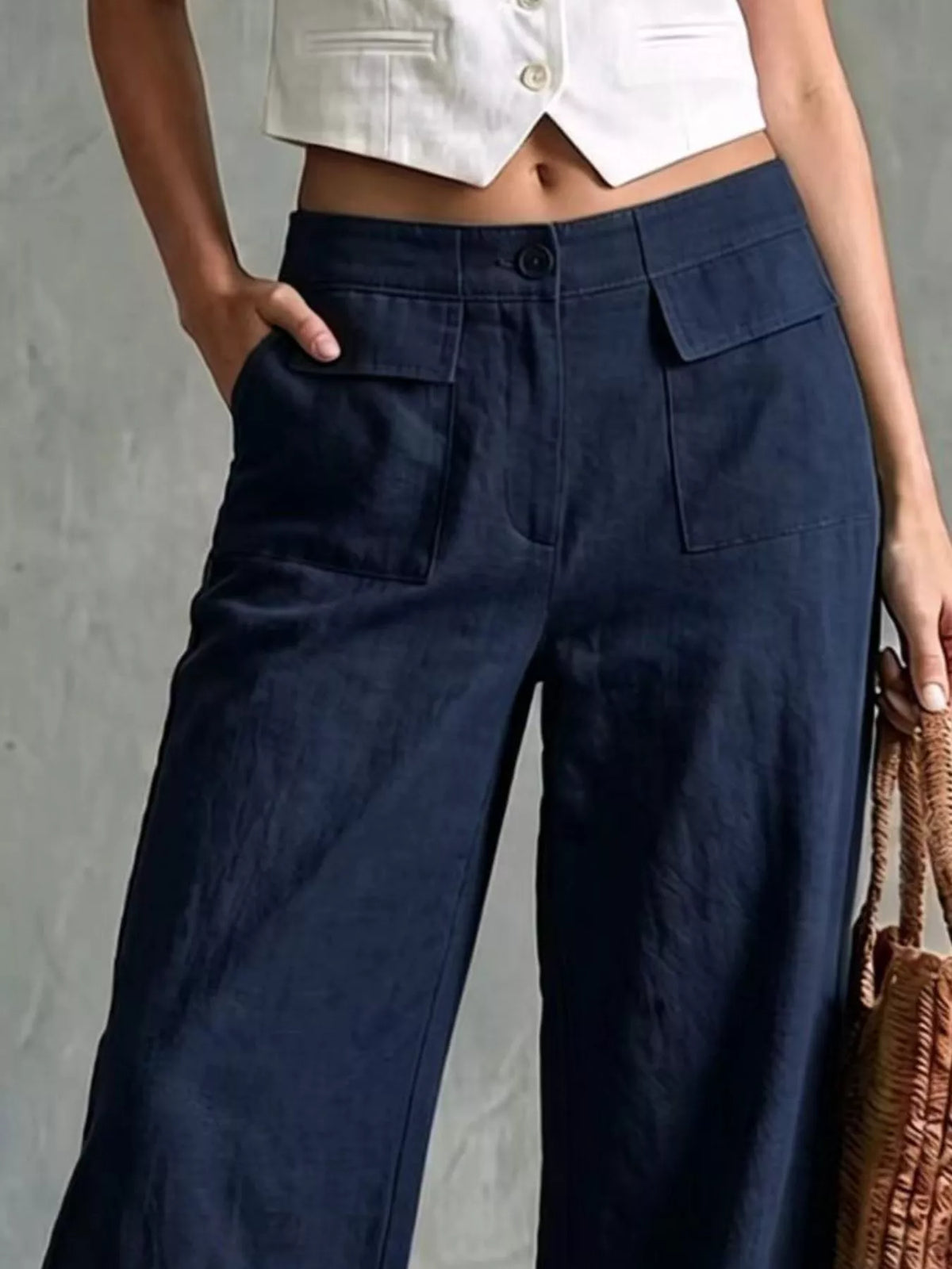 full size high-waisted wide-leg cargo pants plus | dropsona - neutral - front view