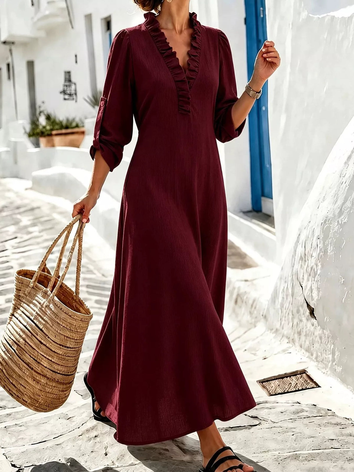 full size frill v-neck long sleeve maxi dress plus | dropsona - neutral - material texture