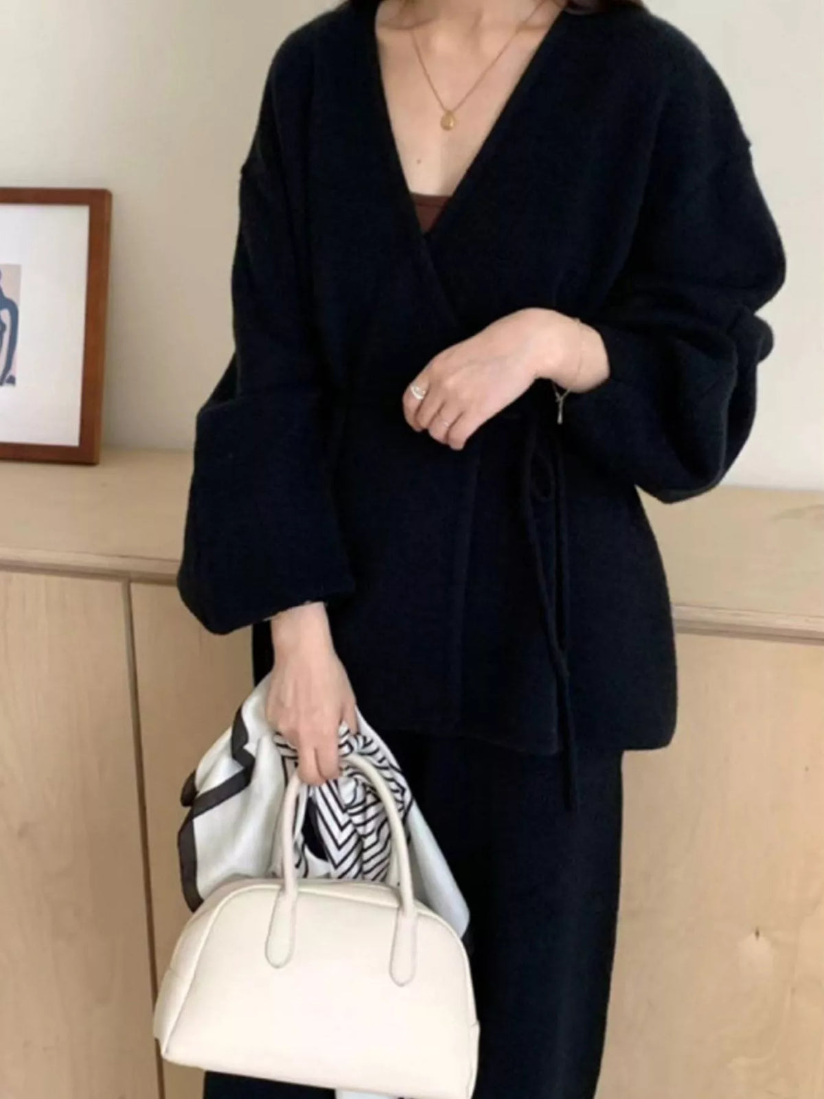 v-neck tied wrap cardigan and wide-leg pants sweater | dropsona - neutral - packaging