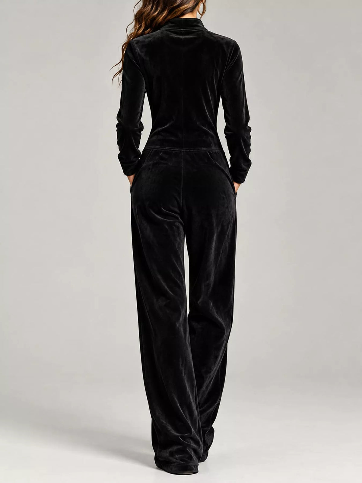 full size chic velour zip-up jumpsuit with pockets | dropsona - neutral - close-up detail