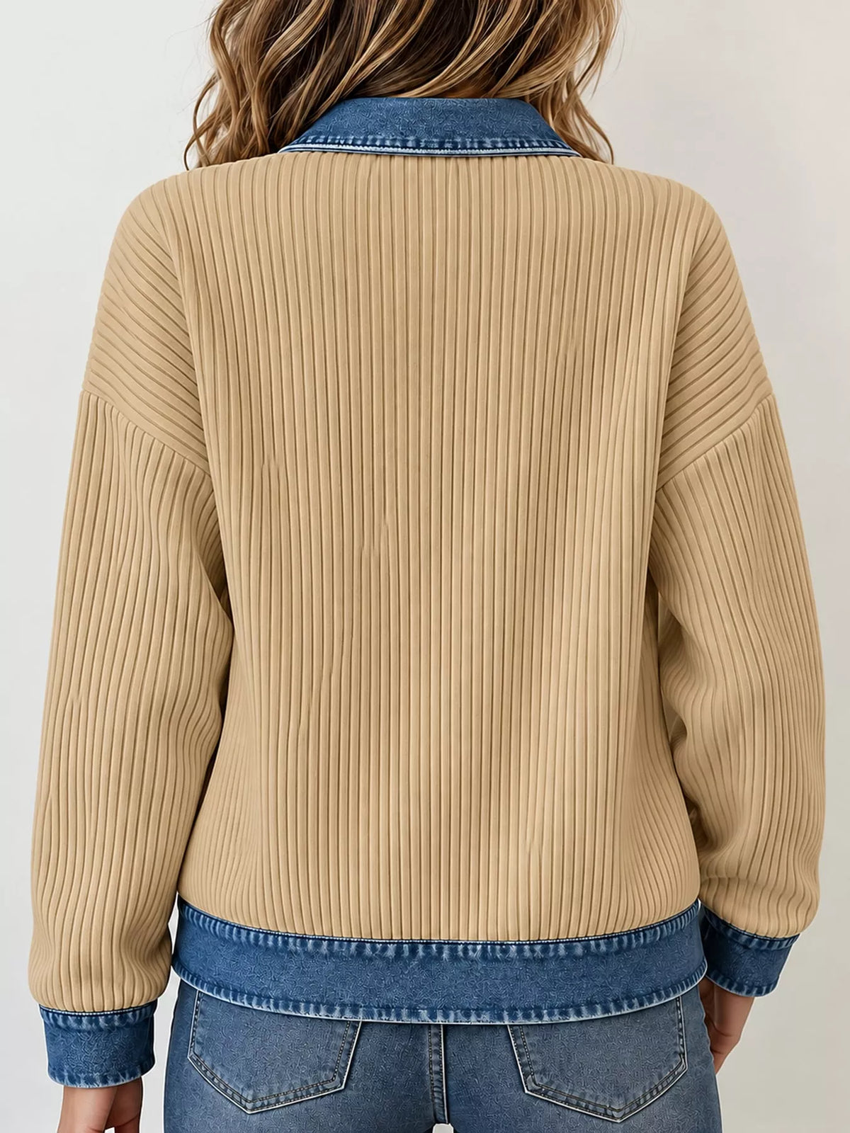 full size denim-collar ribbed knit zip-up jacket plus | dropsona - neutral - material texture