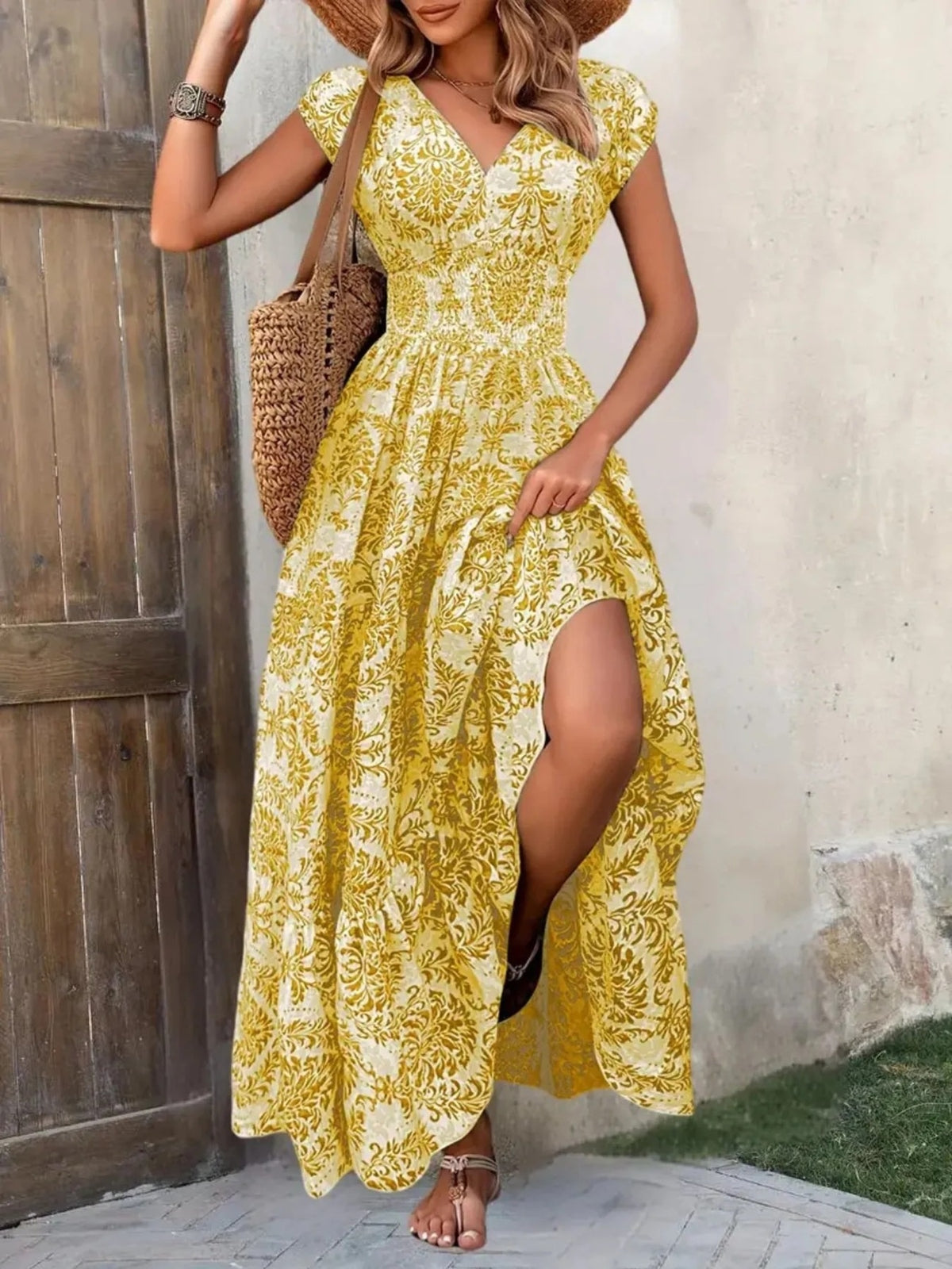 printed cap sleeve maxi dress – tiered,smocked | dropsona - neutral - size reference