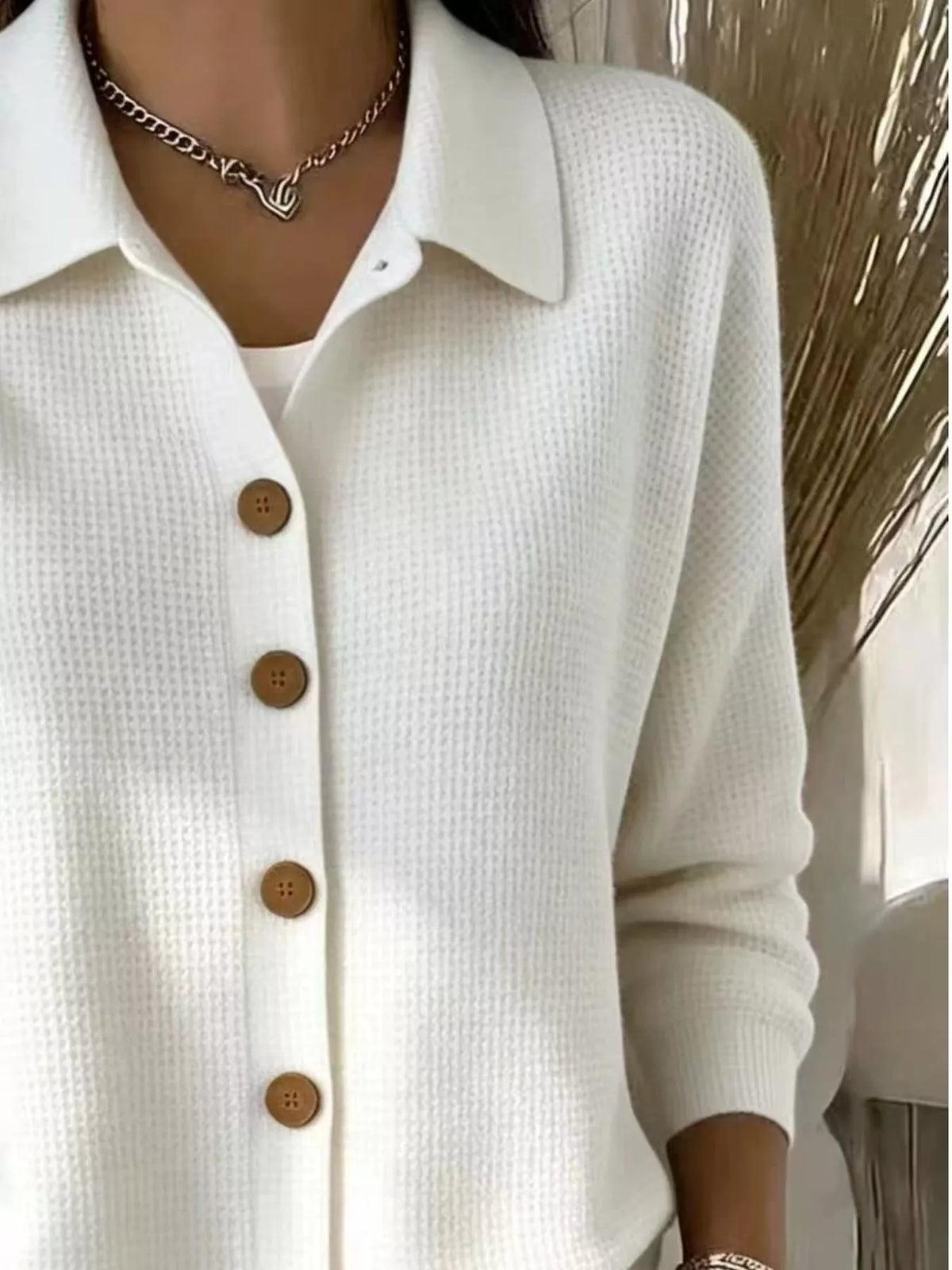 full size waffle knit button-down shirt plus | dropsona - neutral - front view
