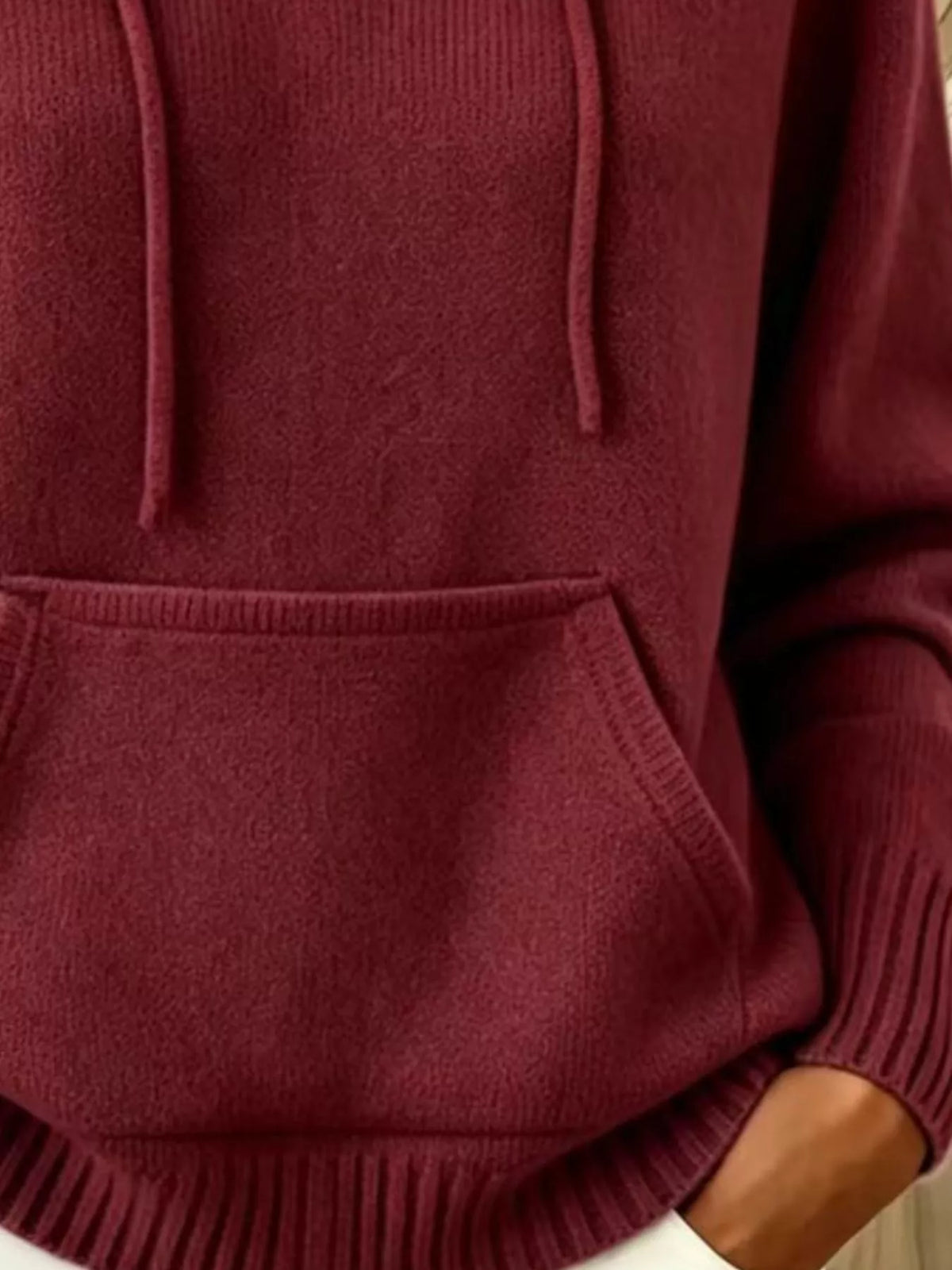 full size drawstring kangaroo pocket hooded sweater | dropsona - neutral - close-up detail