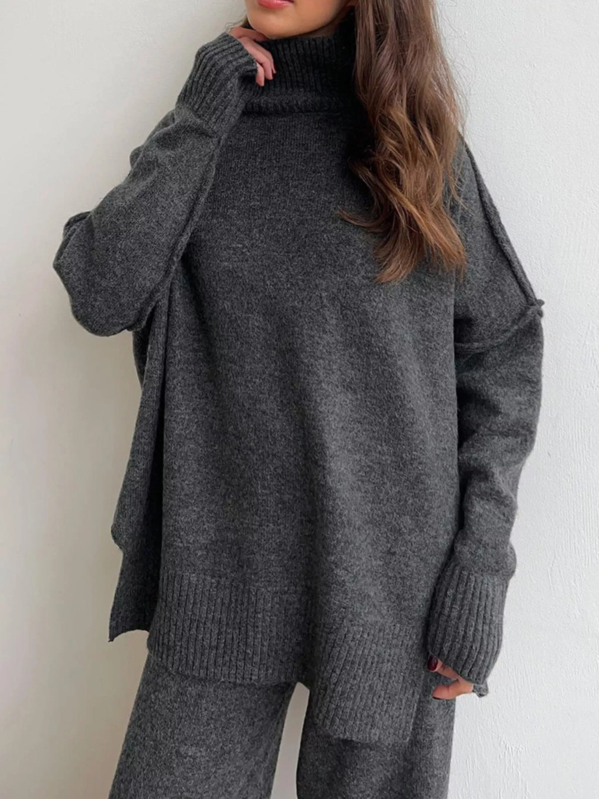 full size oversized turtleneck knit top and wide-leg | dropsona - neutral - front view