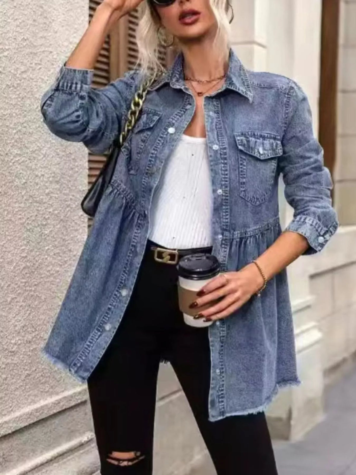 peplum hem denim jacket with button-down front | dropsona - neutral - everyday use
