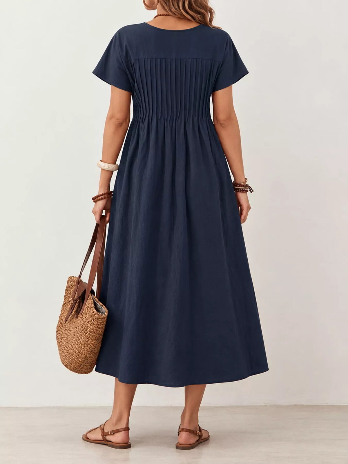 full size elegant pleated casual midi dress with | dropsona - neutral - material texture