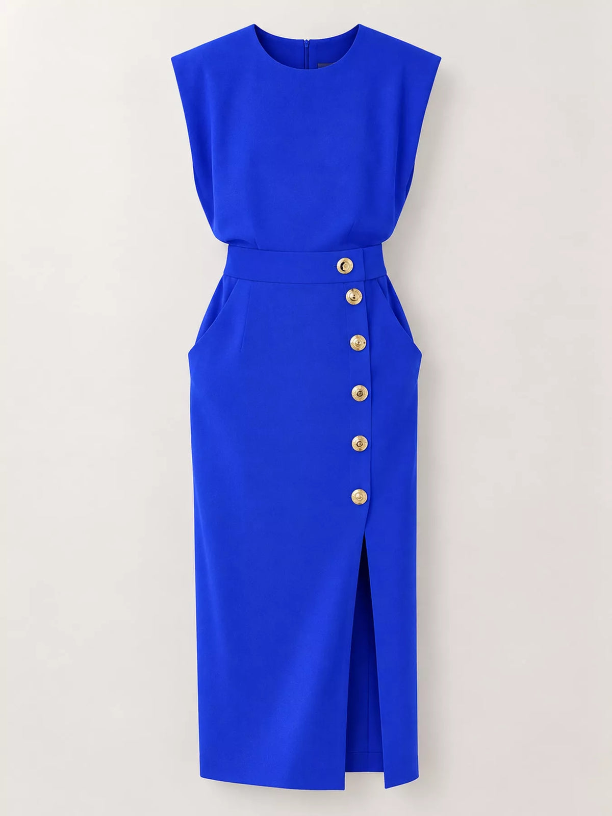 sleeveless midi dress with gold button detail and | dropsona - neutral - front view