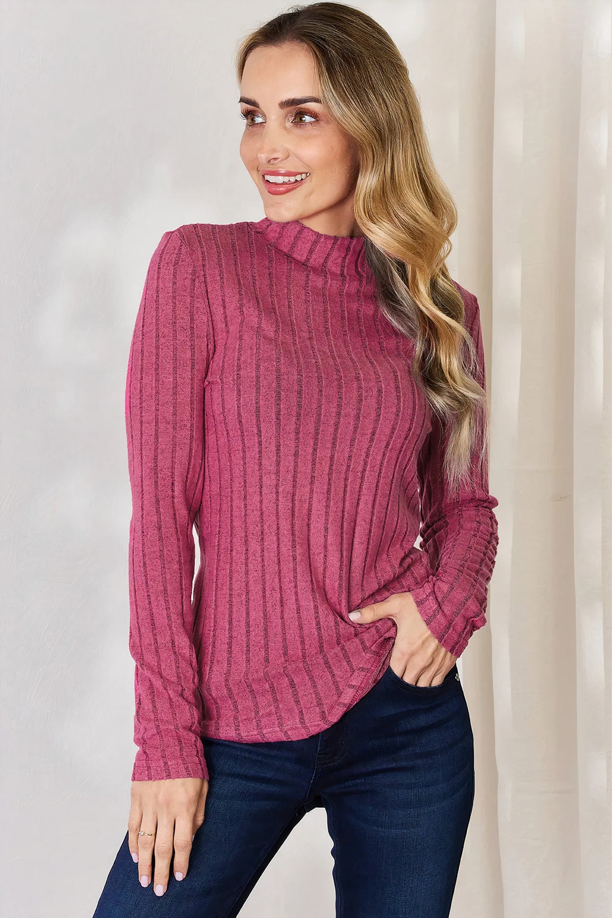 basic bae full size ribbed mock neck long sleeve t-shirt - everyday wear